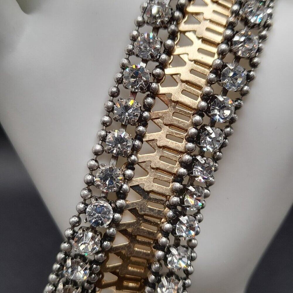 Stella & Dot Rhinestone Wide Bracelet, Two Rows Clear Rhinestones, 6 3/4 Inch - Picture 3 of 12